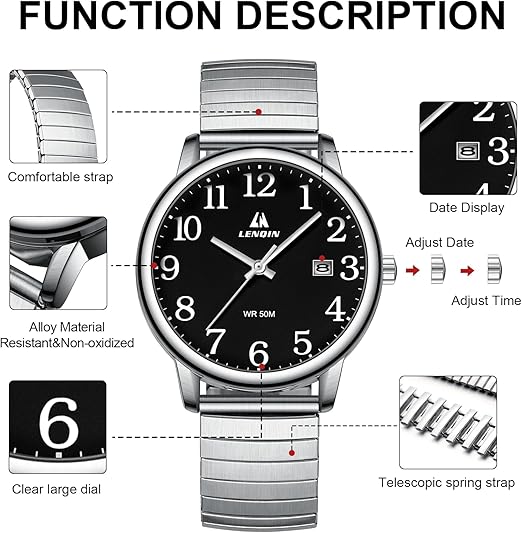 LN LENQIN Montre Homme en Acier Inoxydable avec Grand Cadran