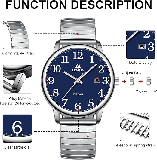 LN LENQIN Montre Homme en Acier Inoxydable avec Grand Cadran