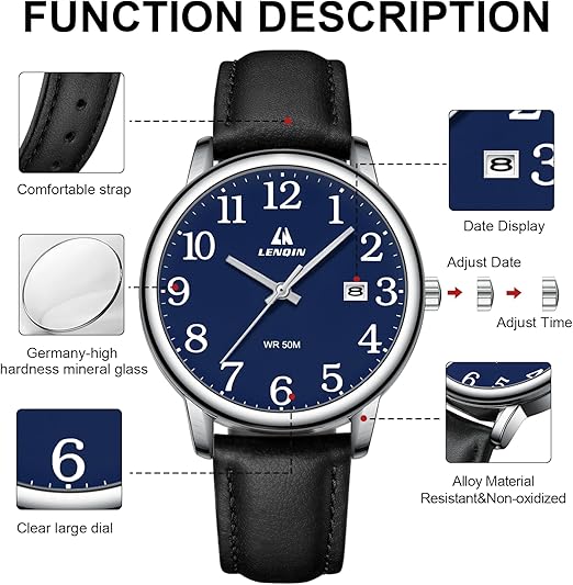LN LENQIN Montre Homme en Acier Inoxydable avec Grand Cadran