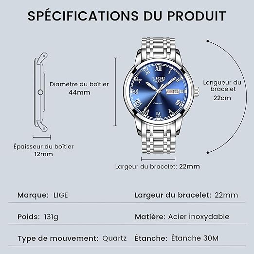 LIGE Montre Homme, Montres Bracelet Analogique à Quartz, Acier Inoxydable Etanche 3ATM