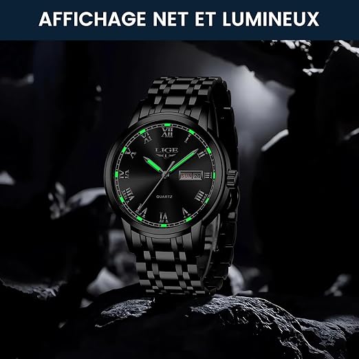 LIGE Montre Homme, Montres Bracelet Analogique à Quartz, Acier Inoxydable Etanche 3ATM