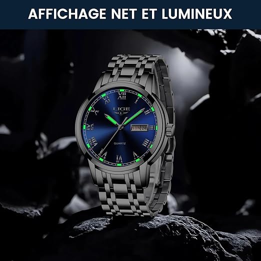 LIGE Montre Homme, Montres Bracelet Analogique à Quartz, Acier Inoxydable Etanche 3ATM