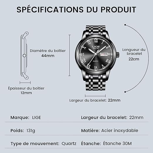 LIGE Montre Homme, Montres Bracelet Analogique à Quartz, Acier Inoxydable Etanche 3ATM