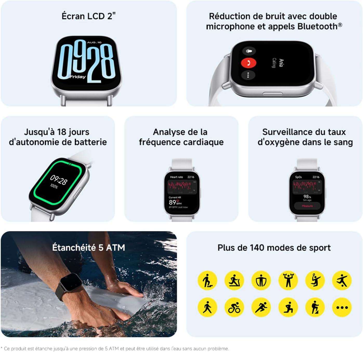 Montre connectée Fitness, écran LCD 2", 18j autonomie, appels Bluetooth, 140+ Modes Sport, Suivi du Sommeil, 5ATM, GPS