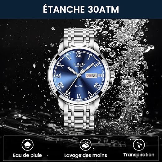 LIGE Montre Homme, Montres Bracelet Analogique à Quartz, Acier Inoxydable Etanche 3ATM