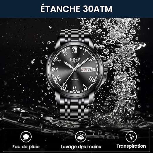 LIGE Montre Homme, Montres Bracelet Analogique à Quartz, Acier Inoxydable Etanche 3ATM